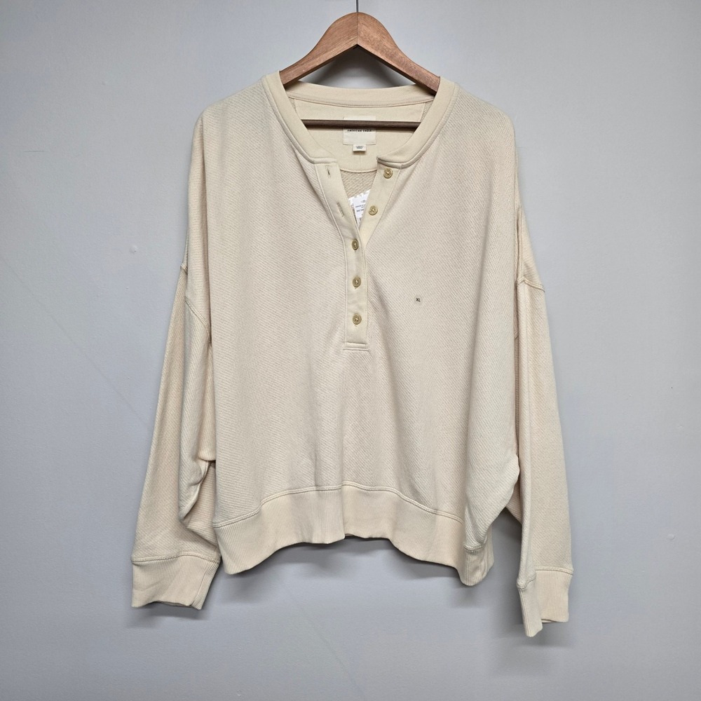 American Eagle Henley Pullover Women XL Cream Cotton Waffle Relaxed Boho